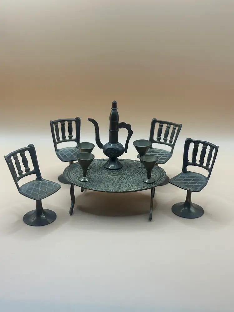Vintage Brass Miniature Doll House Dining Room Set: Table,Chairs,Cups,Coffee Pot
