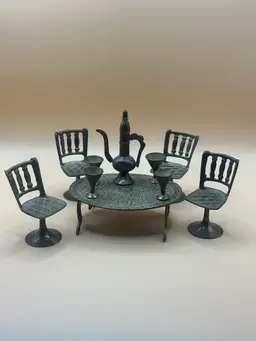 Vintage Brass Miniature Doll House Dining Room Set: Table,Chairs,Cups,Coffee Pot