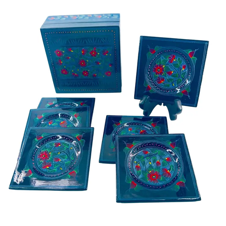 6 pc Kashmir Lacquered Coasters
Square Wood Boxed Set
Red Flowers On Dark Blue