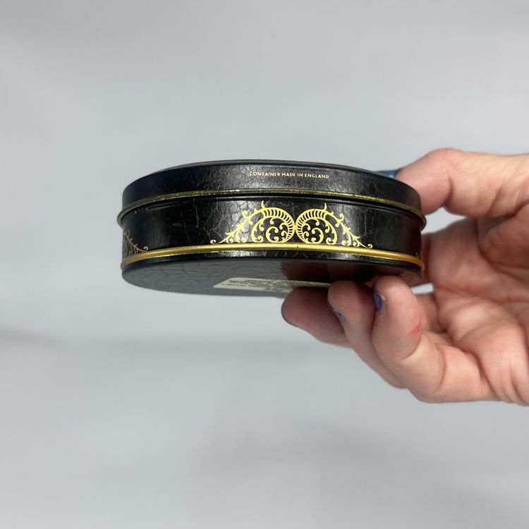 1970s Farrahs Original Harrogate Toffee Tin - Floral Black and Gold - Tole Style Design