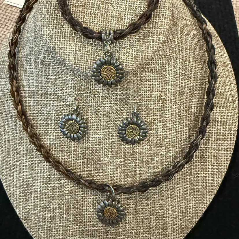 Sunflower Braided Horse Hair Bracelet Earrings Necklace Set Cowboy Collectibles