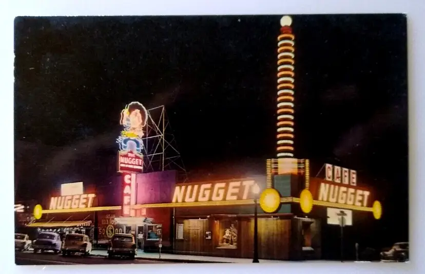 Nugget Casino Postcard Carson City Nevada Cafe Neon Signs Old Cars Automobiles