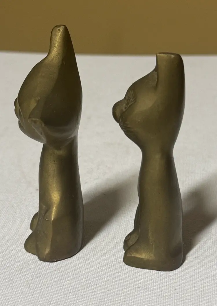 Brass Cat Set Figurines Vintage Sitting Kitten 3 3/4” and 3 1/2”