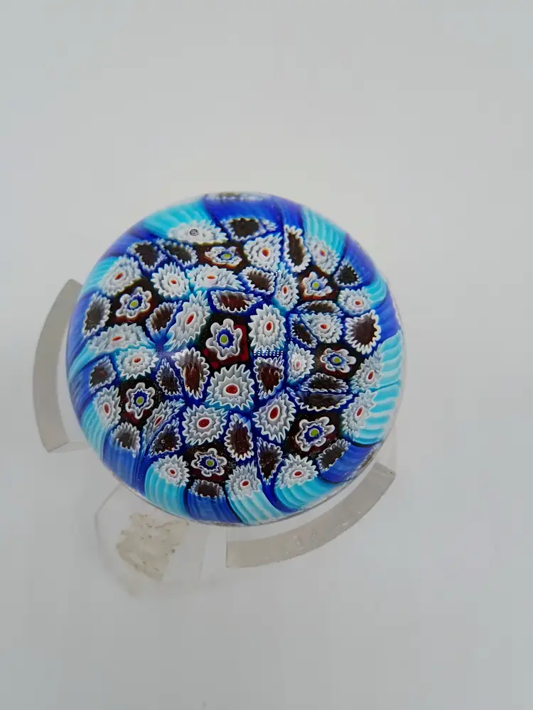 Murano Millefiori Paperweight Blue Red & White Flower Canes with Label 2"