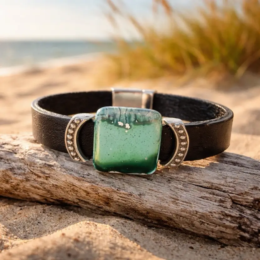 Beach Blue Ceramic Bead Leather And Silver Bracelet