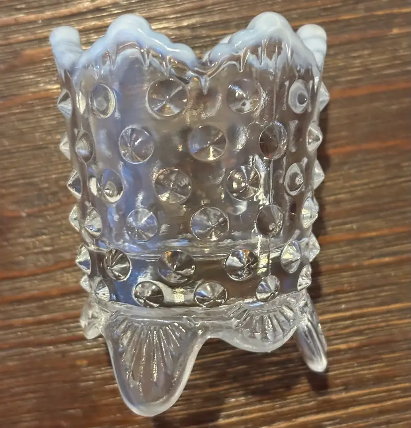 Fenton Opalescent Hobnail Vintage Glass Scalloped Edge Toothpick Holder 3”