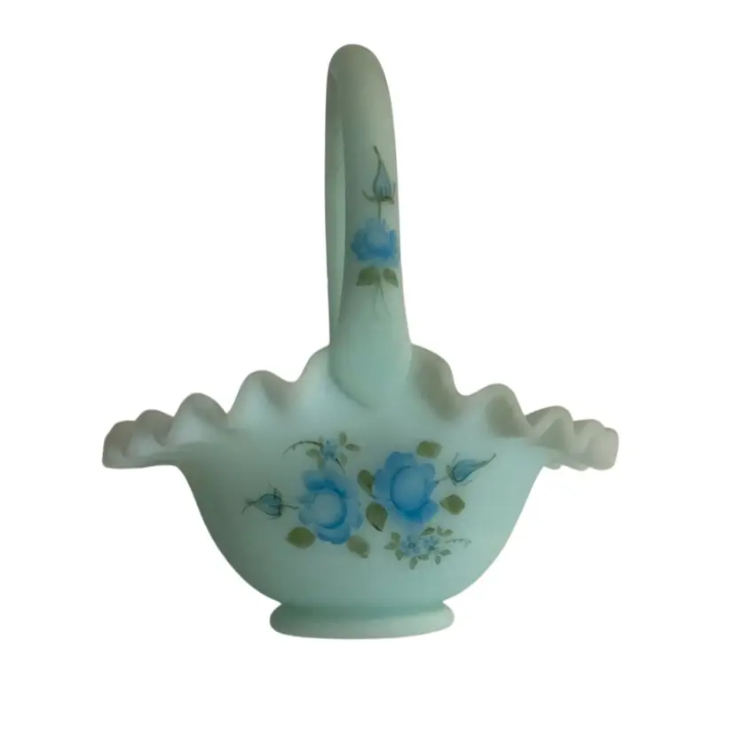 Vintage Fenton Glass Blue Rose on Blue Satin Ruffle Handle BASKET Approximately 7.5” Tall With Handle Hand Painted And Signed By N. Kuime