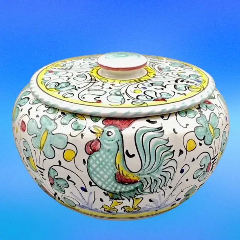 ORVIETO ROOSTER Lidded Casserole Sberna Deruta Majolica Large Green Ceramic