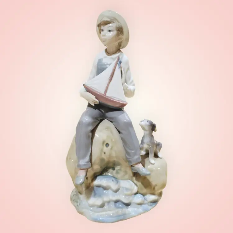 Vintage Retired Lladro Figurine Sea Fever Boy With Boat And Dog #5166. Excellent