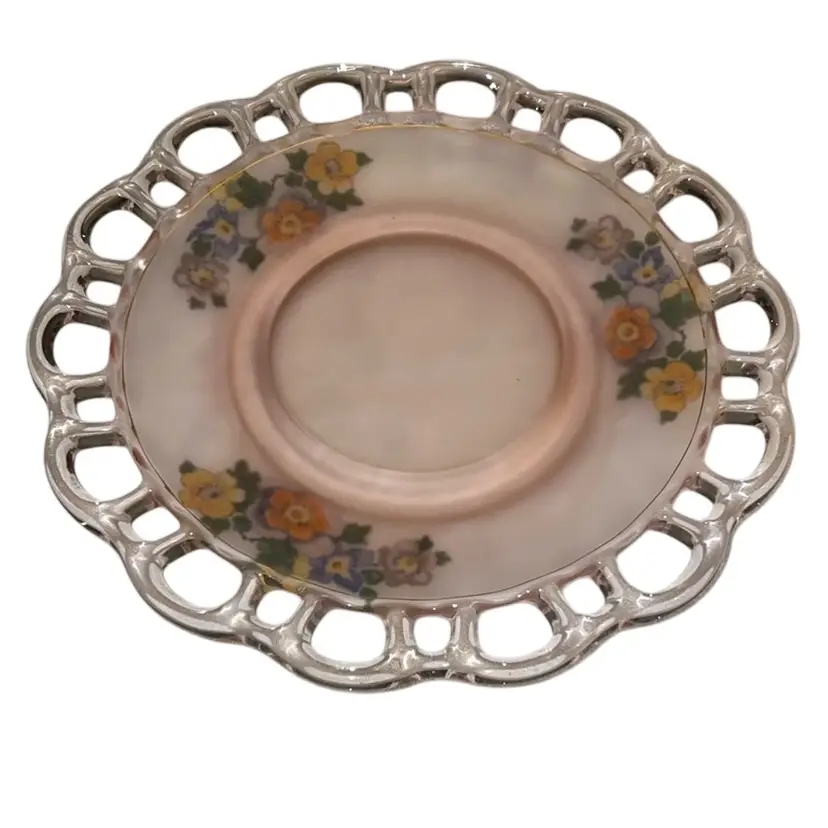 Vintage Pink Depression Satin Glass Reverse Painted Dish 9”