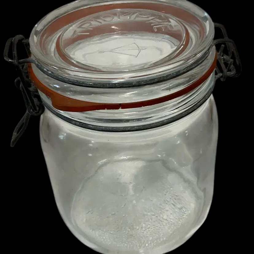 Triomphe 3/4 Liter Glass Jar France VTG 5.5" Height Metal Clamp closure Embossed Bow Arrow