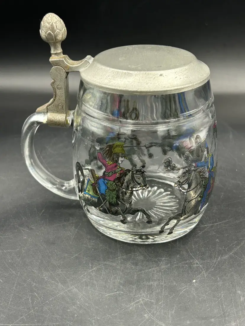 Vintage German Glass Beer Stein Hinged Pewter Lid, Calvary Horses Battle Scene, Man, Cave Decor