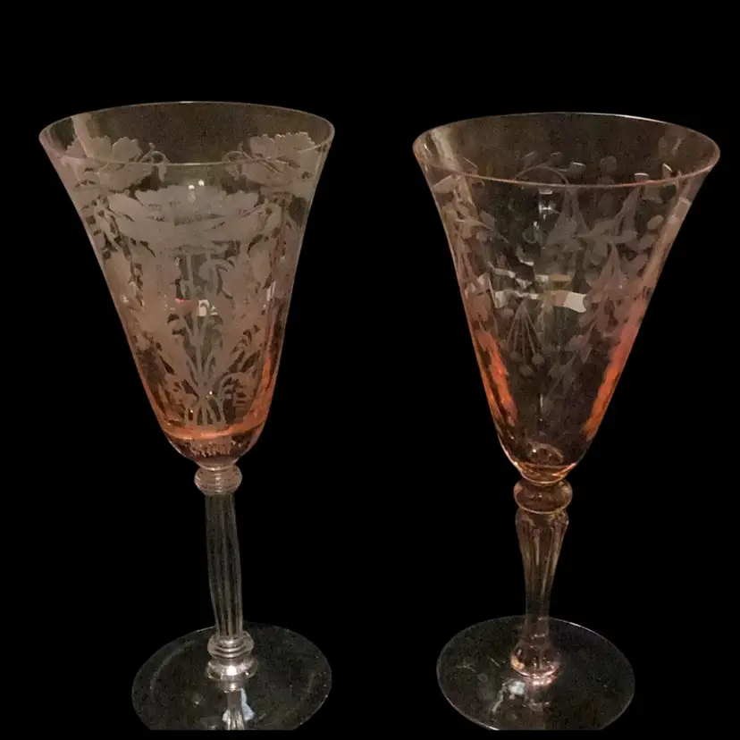 TIFFIN GLASS FLANDERS PINK STEM STYLE 9 oz TALL WATER GOBLETS!