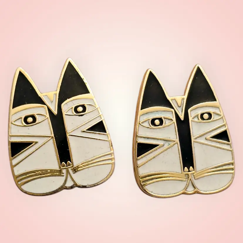 Laurel Burch Earrings GATO CAT FACE Cloisonne Stud Post Vintage Jewelry 1980s