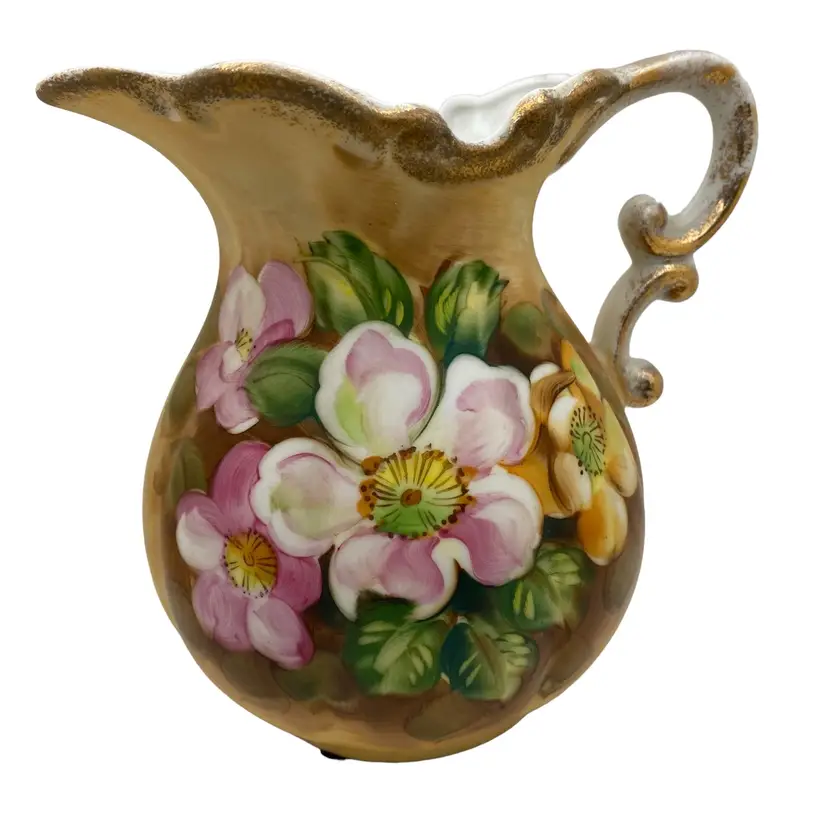 Vintage Pitcher, Hand Painted And Stamped C2100 Pink And Orange Flowers With Greenery Floral Design