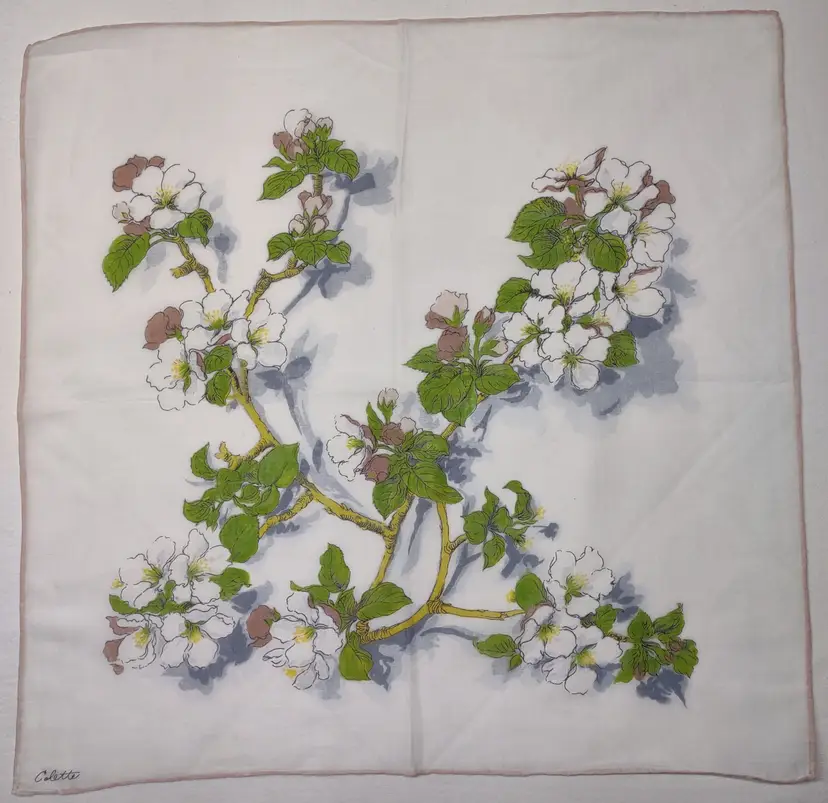 Vtg Designer Hankie Colette dogwood? 15.5x15.75 floral 26CG04 H567
