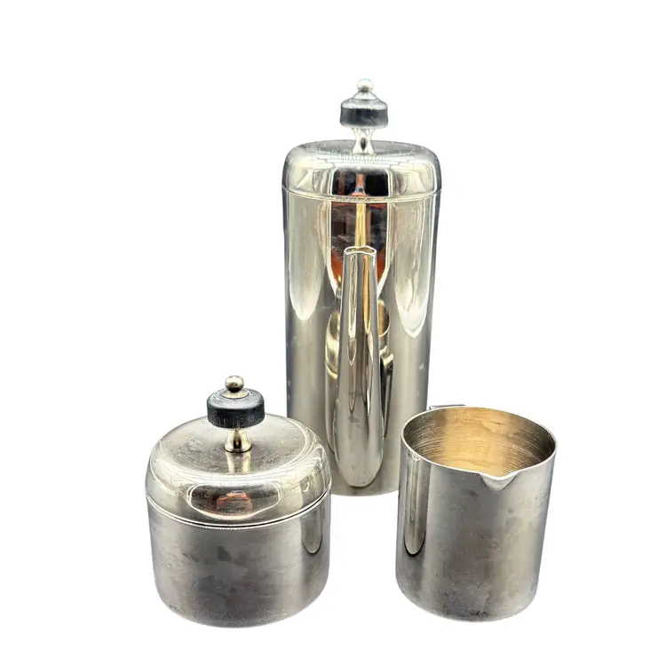 Vintage MCM Silver Stainless Steel Coffee/Tea Pot Creamer & Sugar Set With Lids