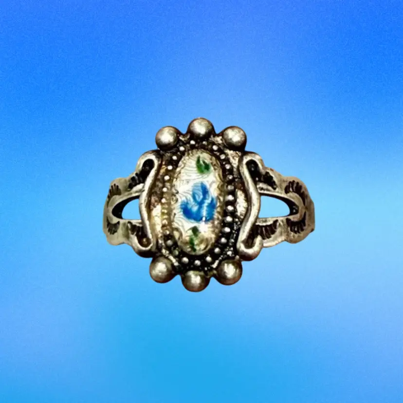 Vintage Sterling Silver Mexican Blue Rose Enamel Guilloche Ring Size 4,