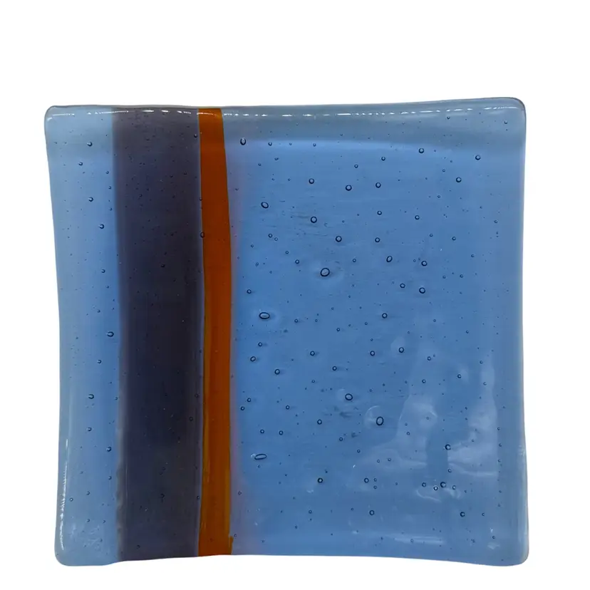 Blue Bubble Art Glass Trinket Dish•Shelf Art With Red & Dark Blue Stripe
6”