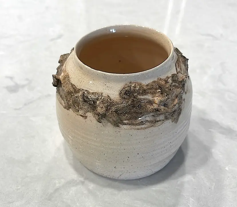 “Signed ~ Susie”, adorable handmade, glazed pottery vase in soft tan/brown, sand ruffle