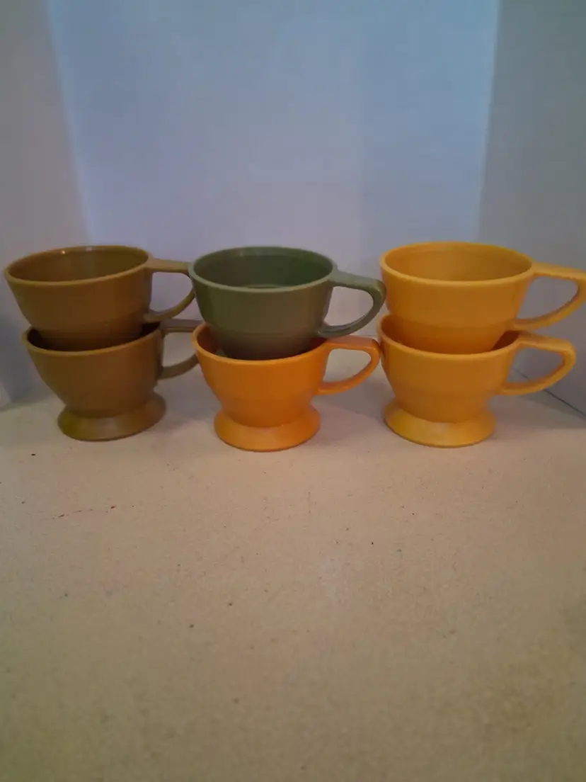 Vintage Melamine Coffee Cups Set ~ Earthy Tones ~ 6 Pieces