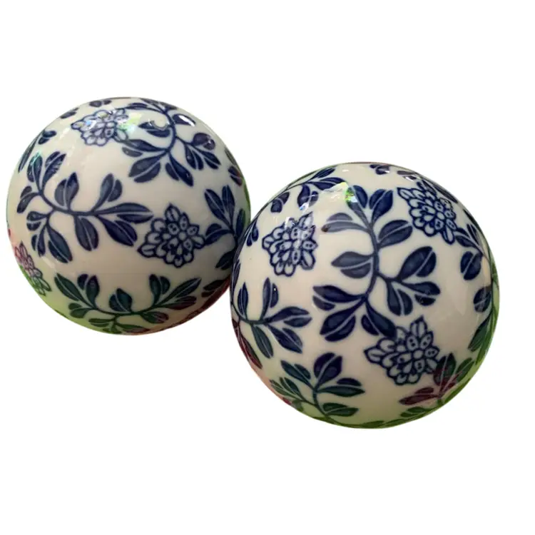 3” Diameter Fabulous Blue And White Ceramic Orbs (lot Of 2)