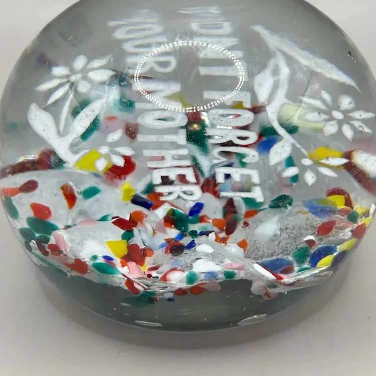 Antique Frit Glass Hand Blown Paperweight “Don’t Forget Your Mother “ GLOWS!