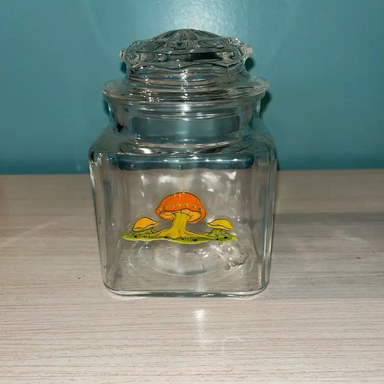 Vintage Clear Glass Square Apothecary Storage Jar with Lid and Mushroom Decal