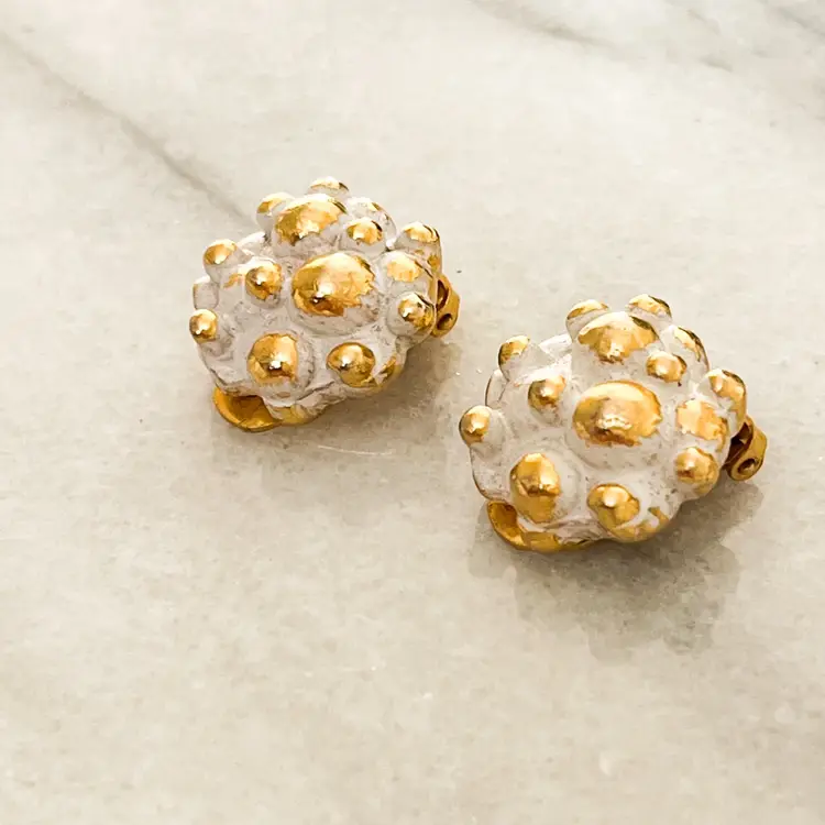 Vintage Brutalist Style Clip On Earrings White Enamel Gold Toned Metal Round