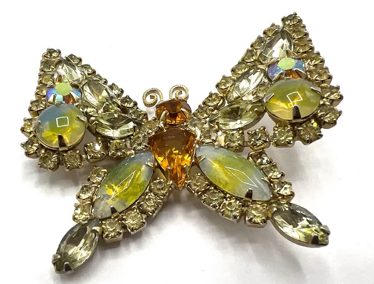 Vintage Juliana Butterfly Brooch, Yellow Glass Givre Cabochons and Yellow Rhinestones, Arched Wings, Open Back Navettes, Colorful and Bright