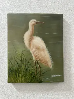 Original Oil On Canvas Egret Soft Pink Coral in Marsh Painting Signed Unframed