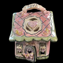 #01 2002- Blue Sky Corp-Clayworks by Heather Goldminc-Signed & Stamped. " LOVE" Lusterware Cottage-Colorful, Quaint & Whimsical! Lot 35