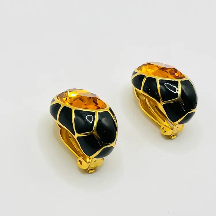 Vintage Signed Joan Rivers Amber Tone Rhinestone Clip On Earrings