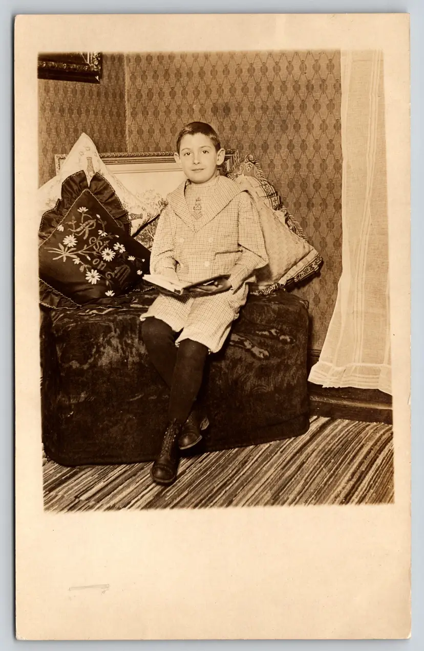 Postcard RPPC Boy in Plaid Suit Holding a Book Real Photo Rest On Me Pillow - 9122
