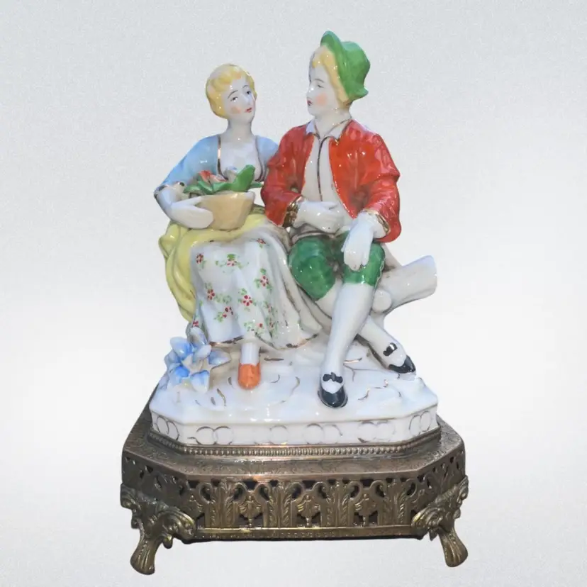 Vintage German Porcelain Figurine Victorian Couple Attached Brass Base