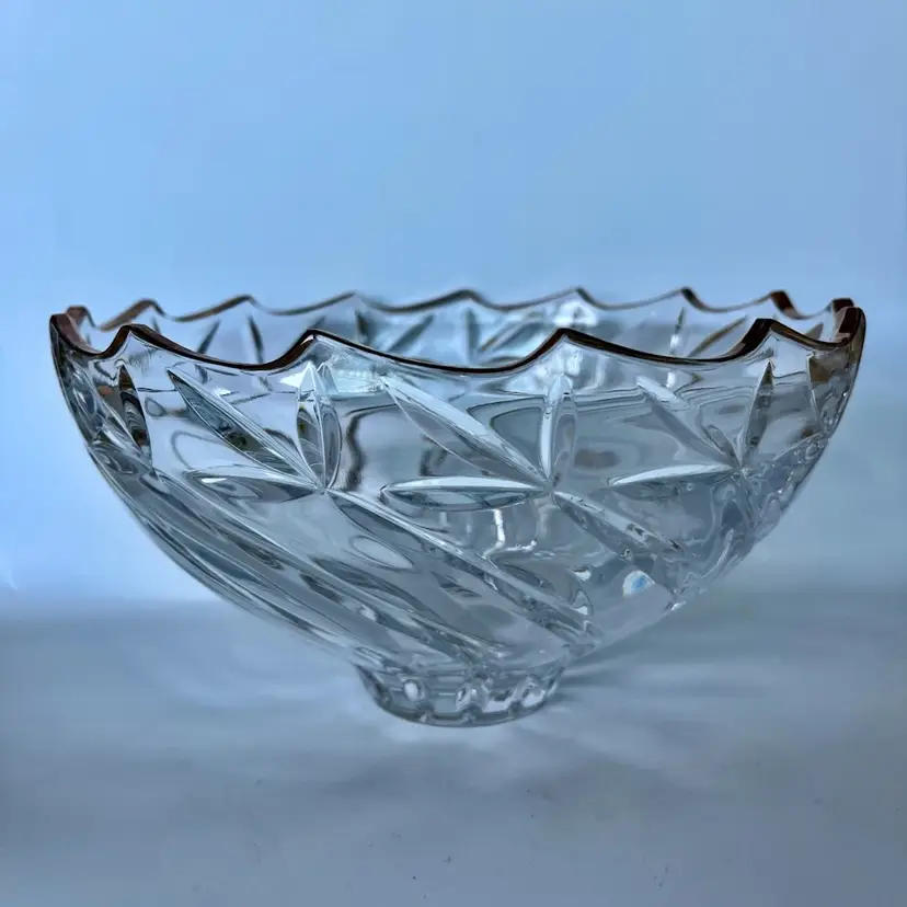 Crystal Swirl Bowl w/ Gold Rim – 9” - Diameter, 5” Tall- Footed- Scalloped Edge- Vintage