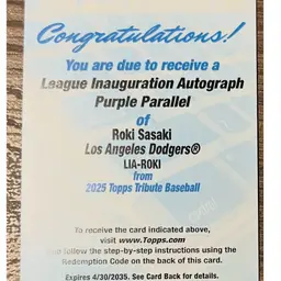 Roki Sasaki 2025 Topps Tribute LIA-ROKI Auto Redemption Purple /50 Parallel League Inauguration Rookie RC Autograph Los Angeles Dodgers Card