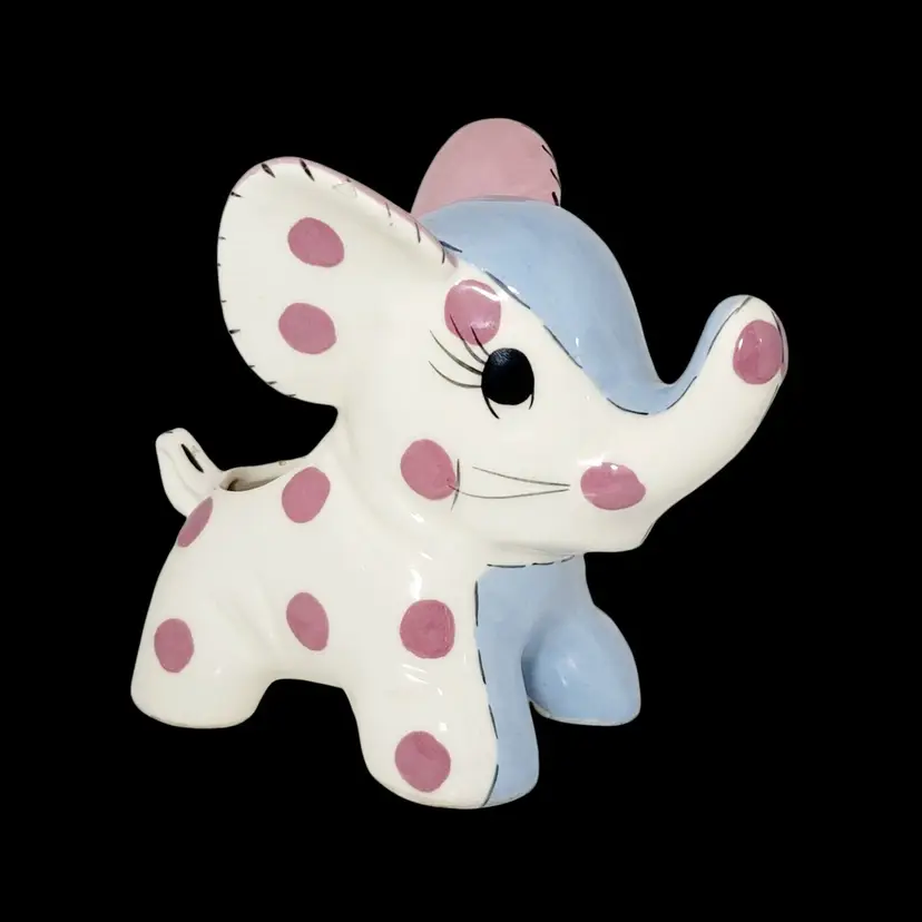 Vintage White Blue Elephant With Pink Polka Dot Planter Ceramic Trunk Up 5" Wide