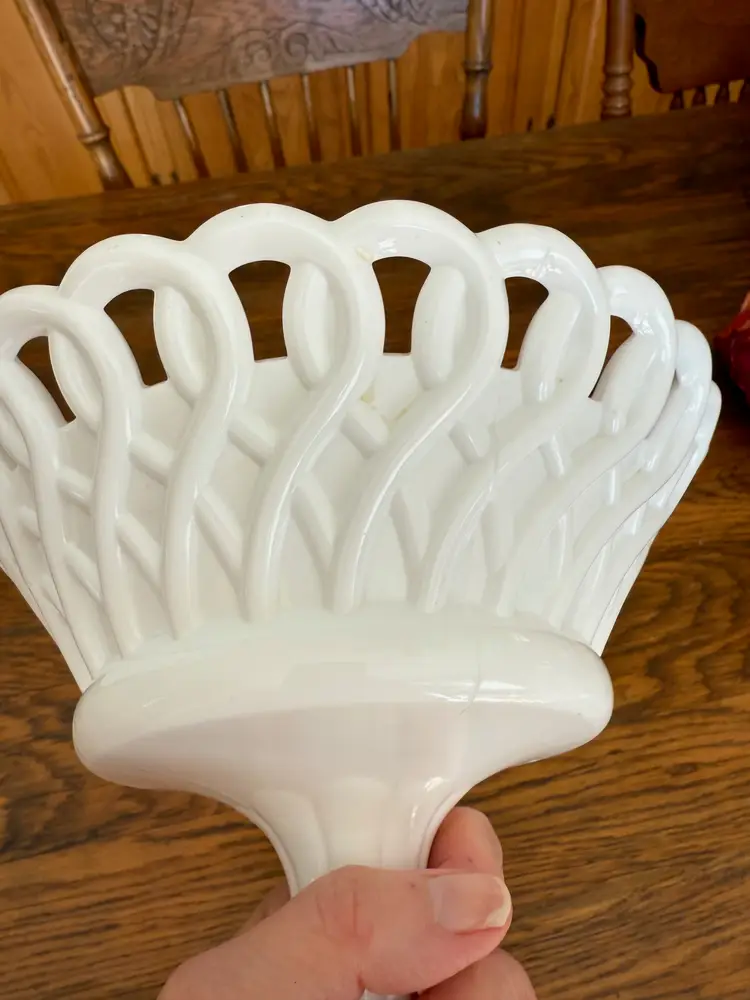 Vintage Milk Glass Lace Edge Compote Pedestal Bowl – 9” Tall – White Reticulated Rim Centerpiece