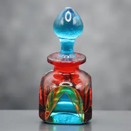 Bicchielli Sommerso Style Art Glass Perfume Bottle Red Aqua Amber Layered Vanity Bottle with Stopper Signed Art Glass 4” Tall