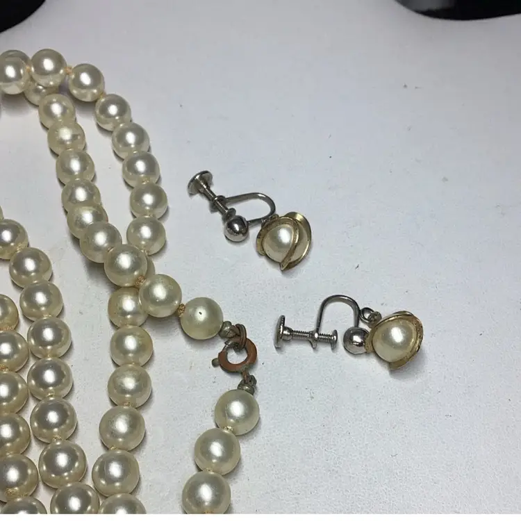 Pearl Necklace Long 48” & Screwback Pearl Earrings