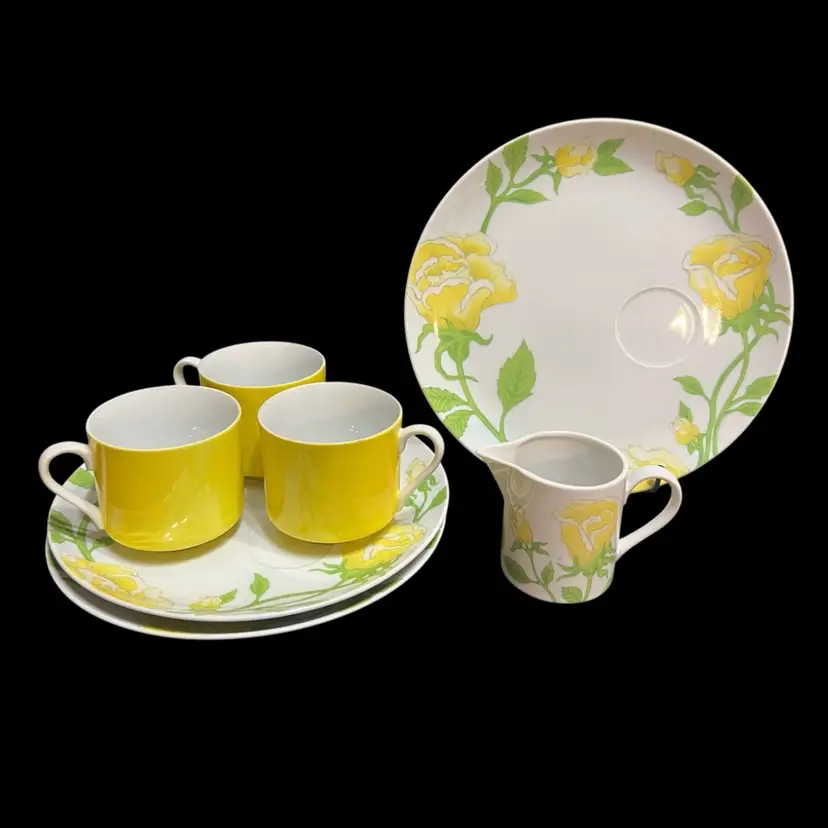 1975 7pc Fitz and Floyd "Yellow Rose" Dessert & Tea Set