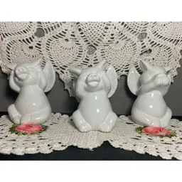 VINTAGE SEE HEAR SPEAK NO EVIL PIG ANGEL FIGURINES SET WHITE CERAMIC MINI STATUES