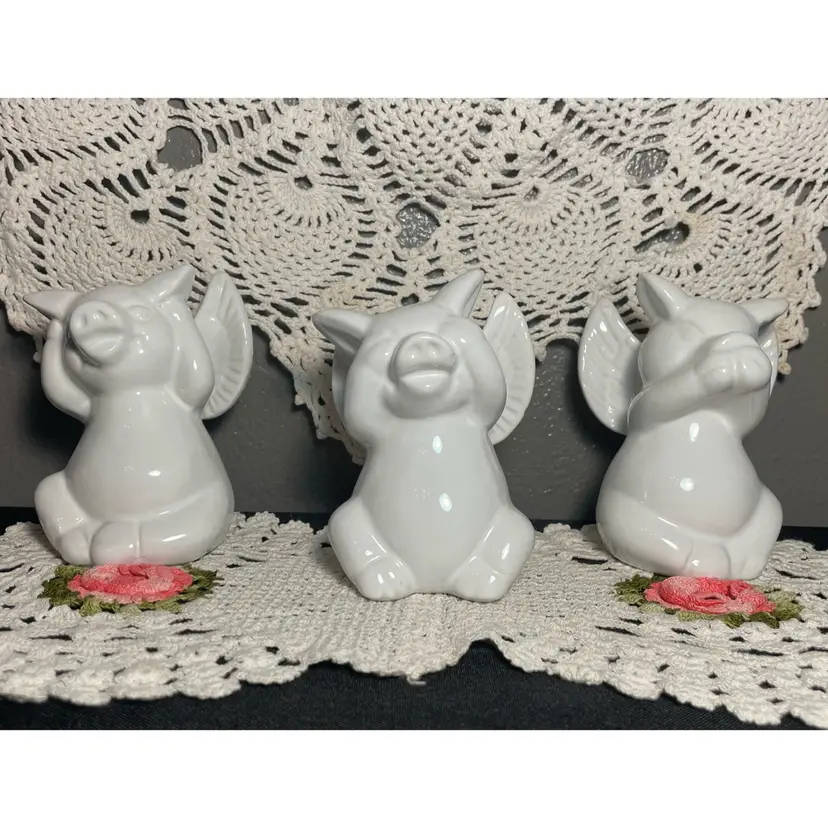 VINTAGE SEE HEAR SPEAK NO EVIL PIG ANGEL FIGURINES SET WHITE CERAMIC MINI STATUES