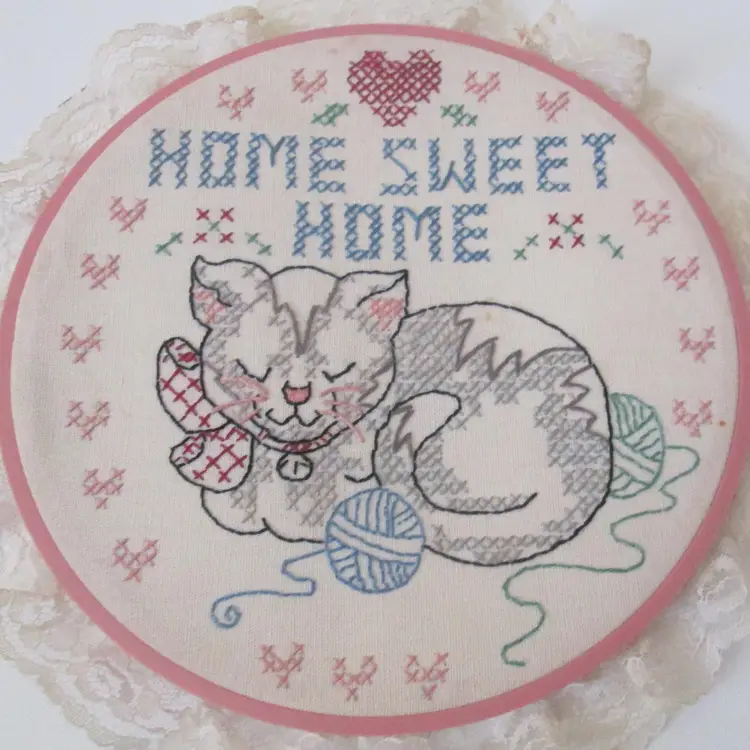 Vintage Finished Cat Cross Stitch Home Sweet Home Completed In Hoop Has Flaws