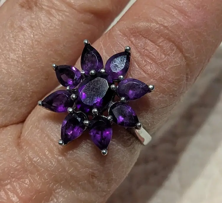 Vintage Signed Sterling Silver Flower Ring with Vibrant Purple Stones, China, Size 7.25