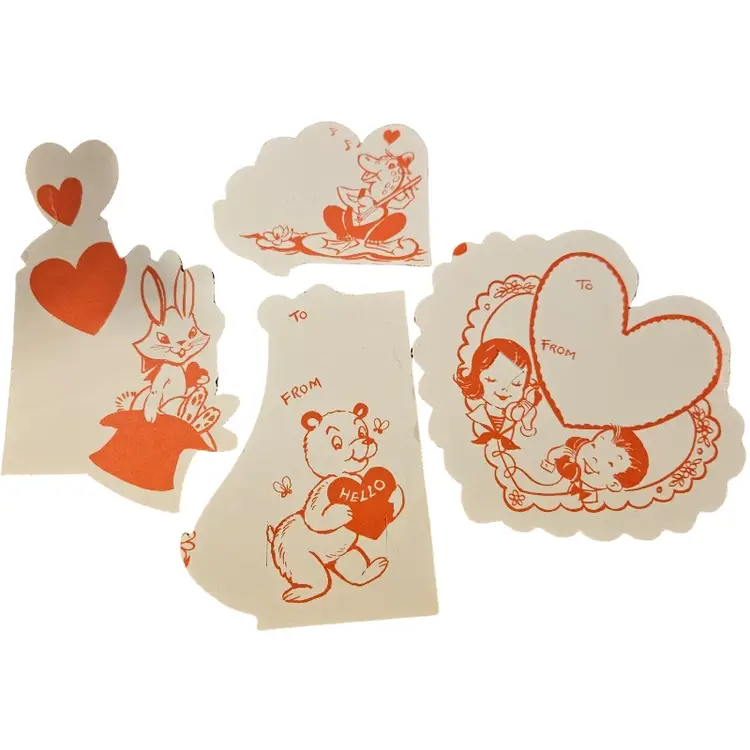 vintage Valentine's Day die-cut cards, likely from the 1930s to 1960s
