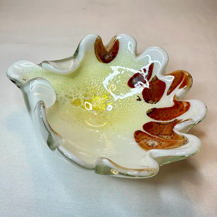 Murano Tutti Frutti  White Gold Brown Art Glass Ashtray Trinket Dish Bowl VTG