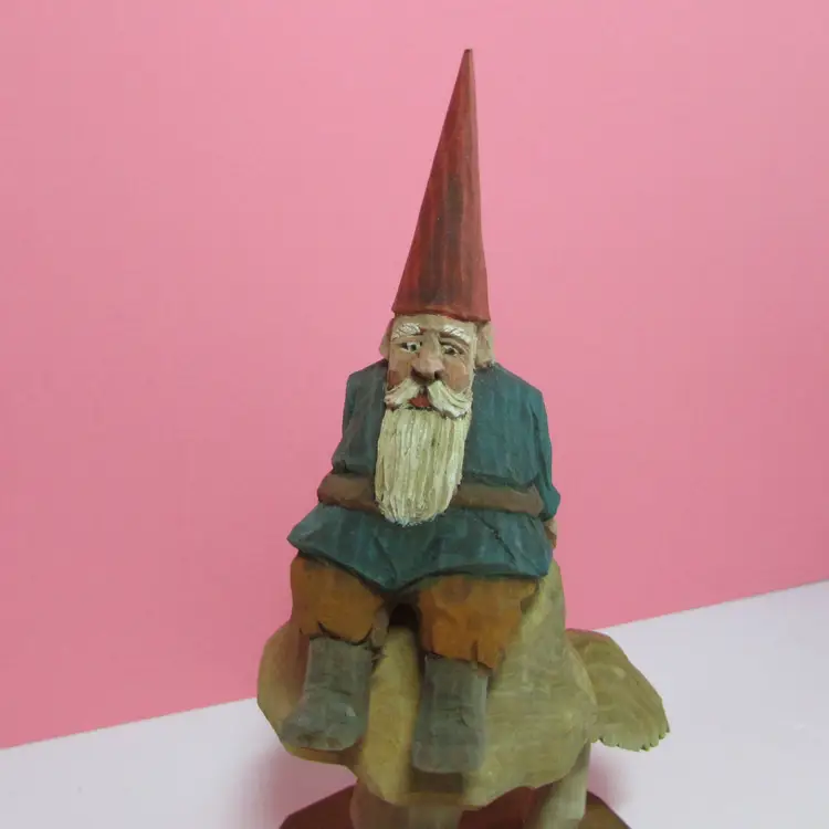 vintage wood carved gnome sitting on mushroom figure marked CH