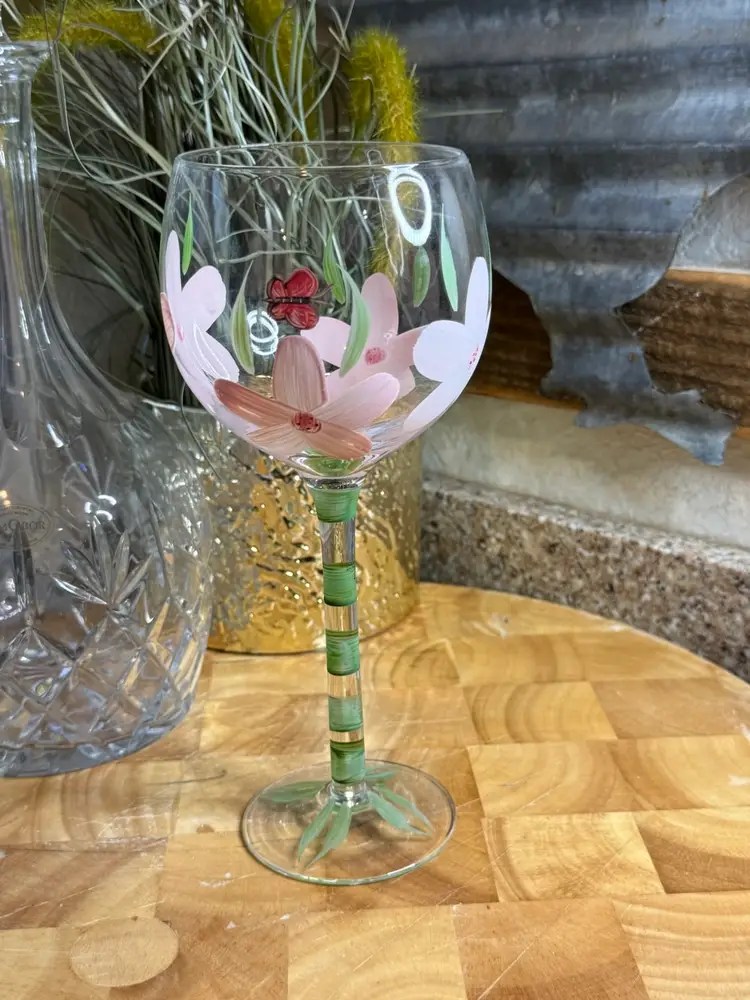 Hand Painted Floral Wine Glass | Ladybug Garden Glass | Cottagecore Stemware